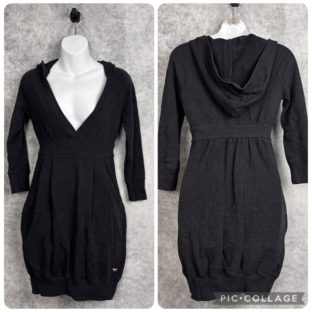 Victoria's Secret PINK Y2K Hooded Pullover Gray 3/4 Sleeve Sweatshirtโ Dress VTG